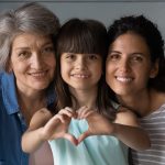 Close up family portrait of happy three generations of Hispanic women pose together show love heart hand gesture. Smiling little Latino girl child with young mother and senior grandmother feel united.