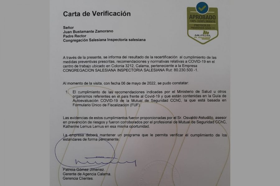 Salesianos Calama renueva certificación en normativa Covid